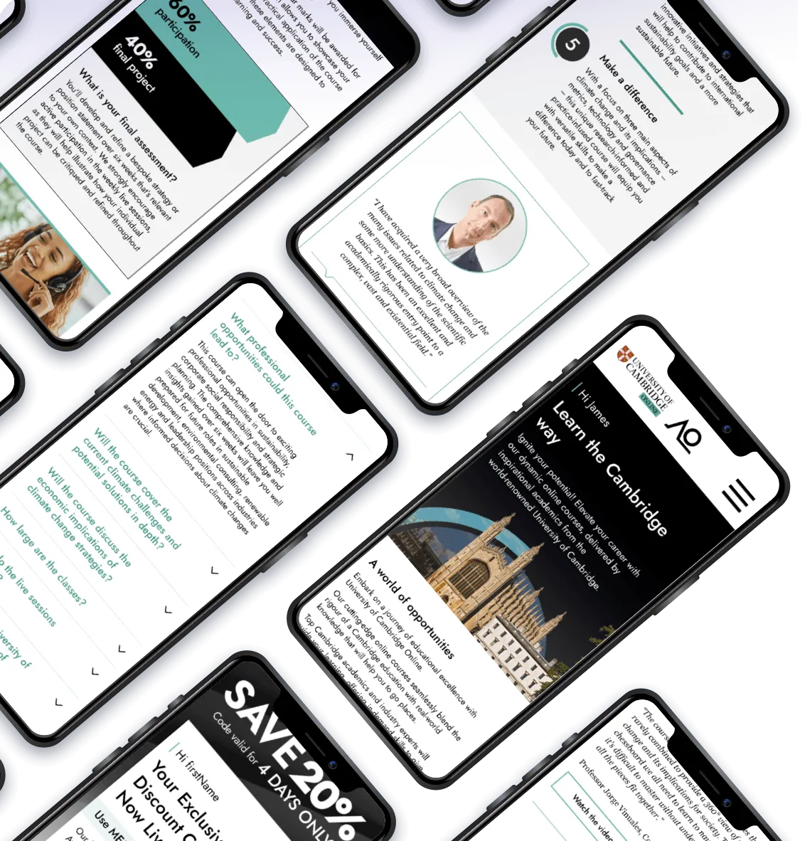 Cambridge Advance Online course emails on a grid of phones