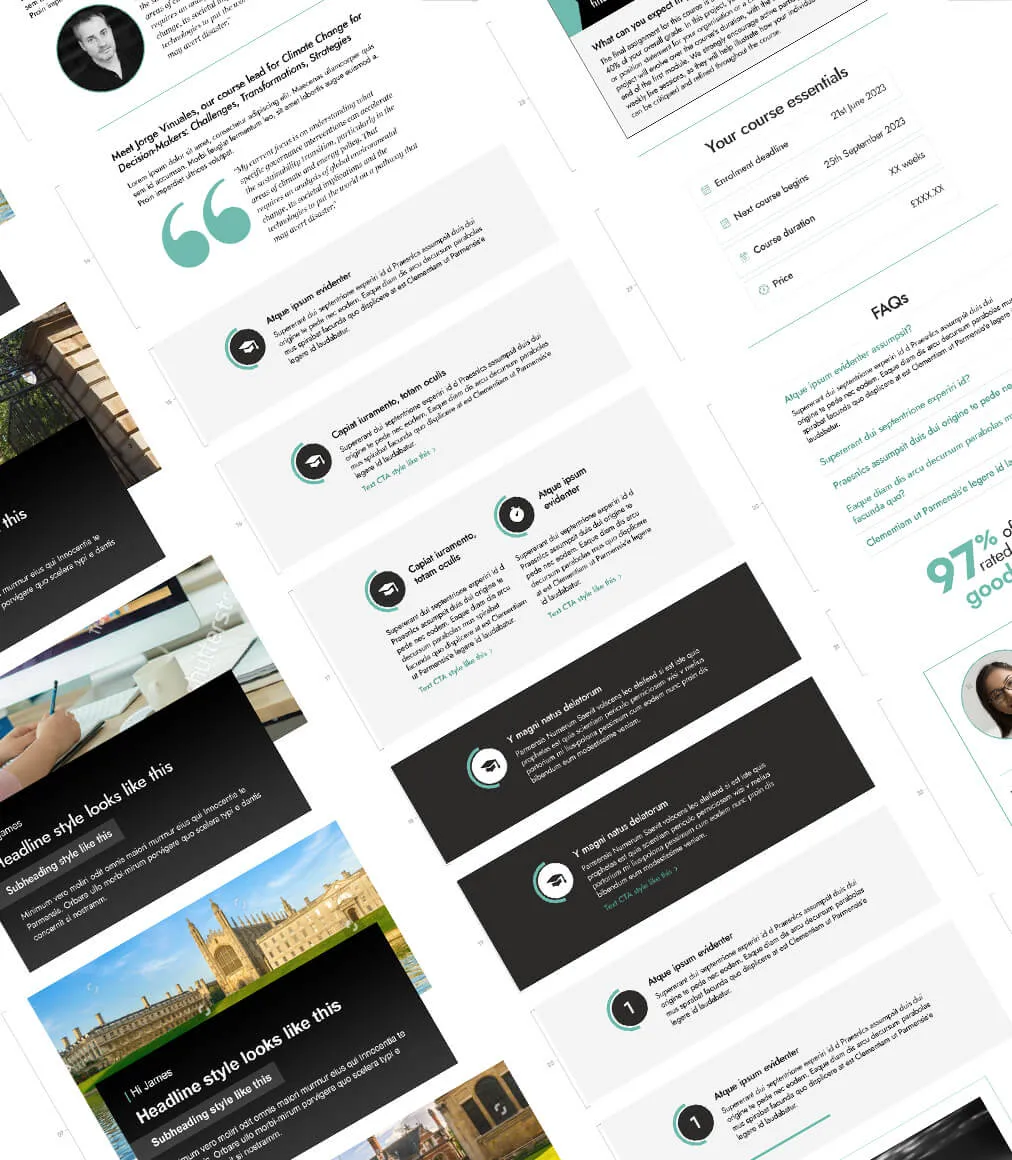 A collage of Cambridge Advance Online email modules, including course cards, quotes and a hero