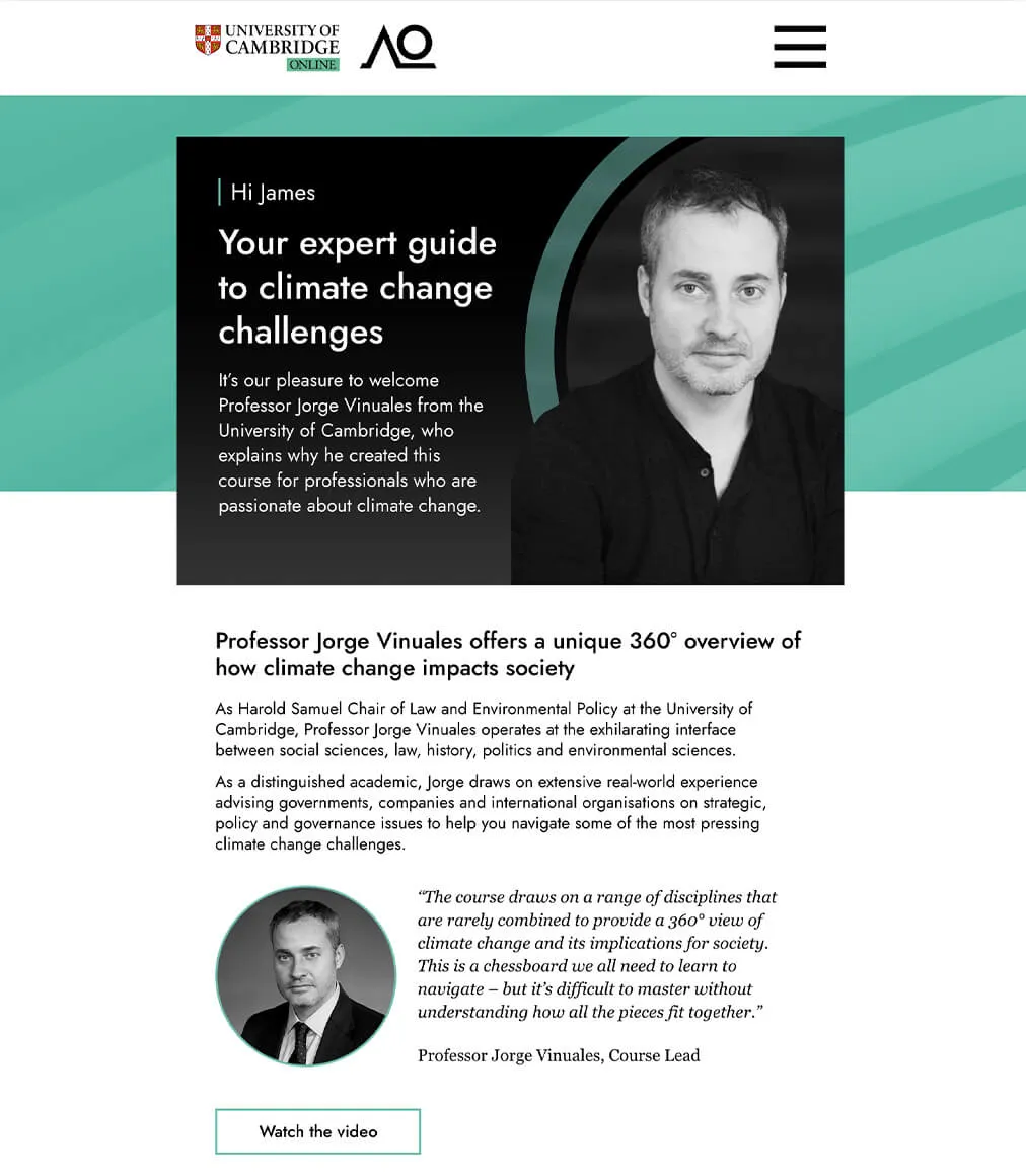 A personalised Cambridge Advance Online email introducing the course lead for a climate change course