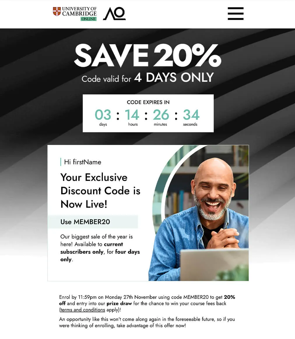 A Cambridge Advance Online offer email with a 20% discount code and a live countdown timer