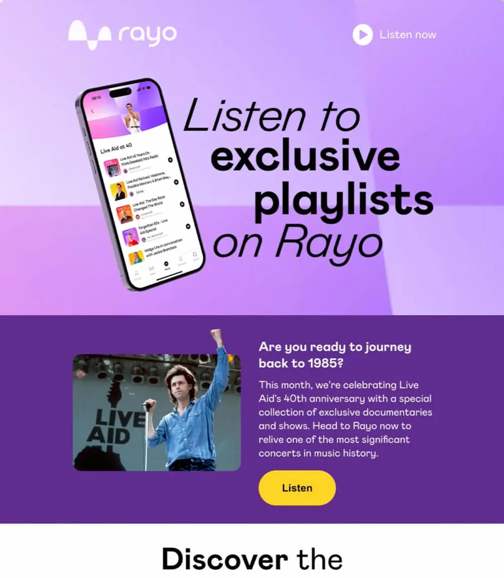 A Rayo email promoting exclusive playlists, with a Live Aid feature below