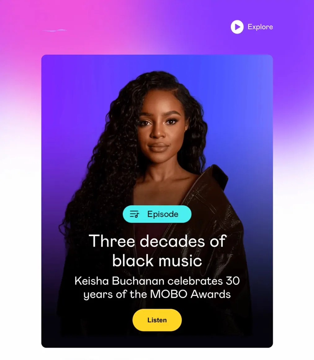 A Rayo email celebrating 30 years of the MOBO Awards, with live text over a photograph of Keisha Buchanan